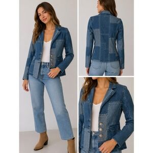 OO‎ LALA Patchwork Denim Jacket Blue Blazer Contrast Stitch Mixed Print Lining S